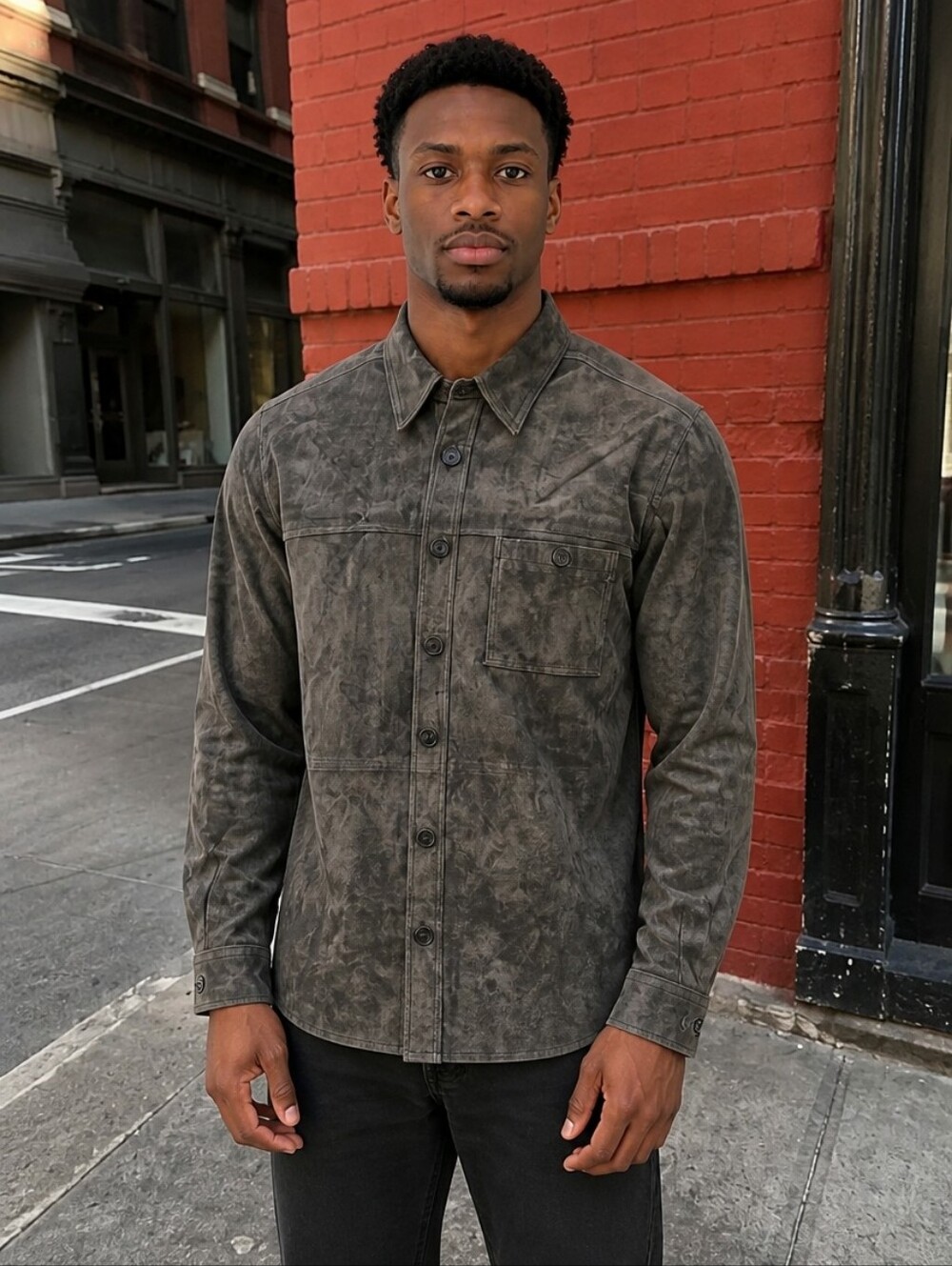 Men's soft Suede Leather Designer Jon Oliver Shirt Jacket in Olive Size Large